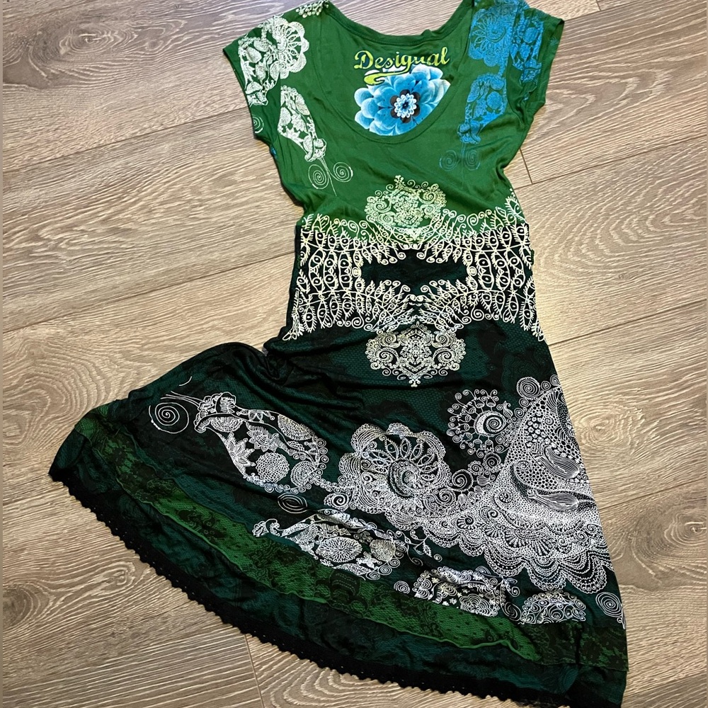 Desigual Green and Black Floral Midi Dress
